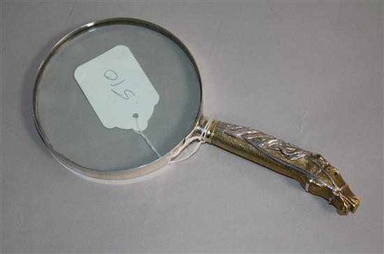 A modern parcel gilt silver mounted novelty magnifying glass, the handle modelled as the head and neck of a horse, 20.2cm